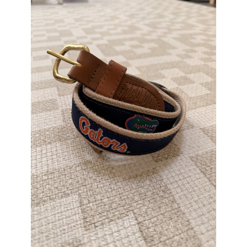 Navy Gators Embroidered Canvas Belt with Tan Leather Trim